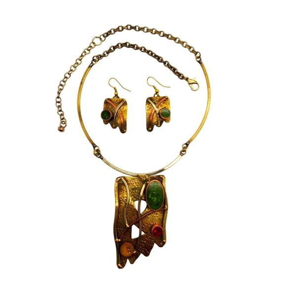 Modernist Artisan Confetti Pendant Necklace Earrings Set Mixed Metals Abstract - Picture 11 of 14